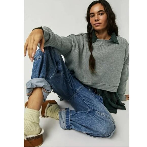 Free People Easy Street Crop Pullover Sweater in Grey Size Large Preppy Fall - Picture 6 of 14